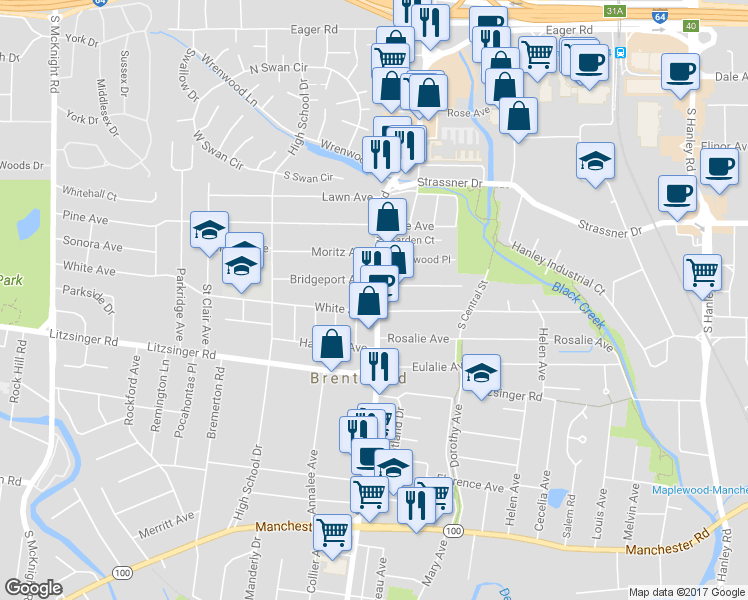 map of restaurants, bars, coffee shops, grocery stores, and more near 2241 S Brentwood Blvd in St Louis