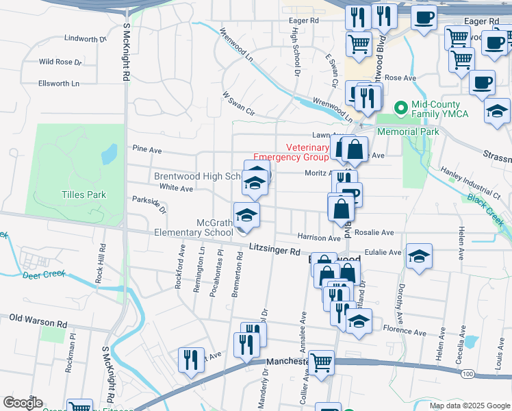 map of restaurants, bars, coffee shops, grocery stores, and more near 9127 White Ave in Brentwood