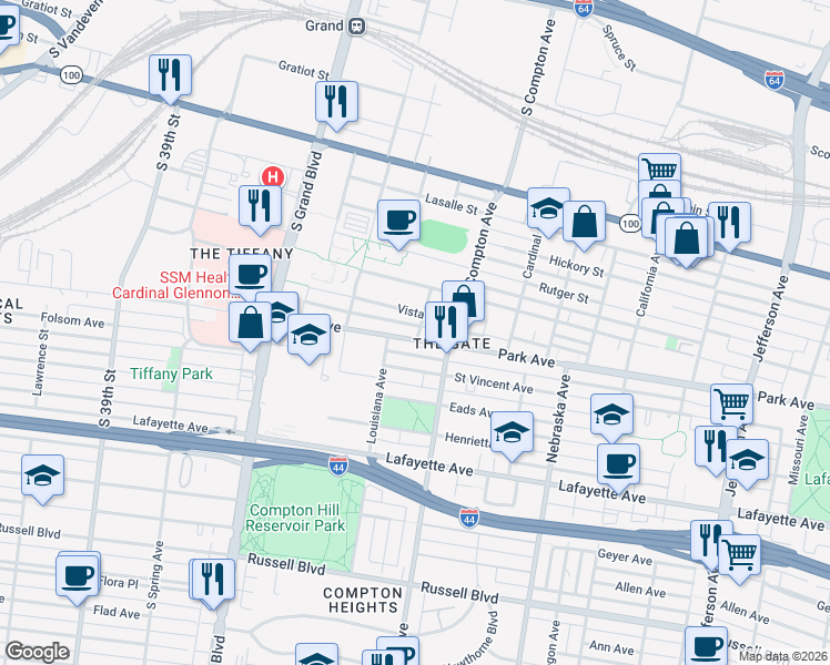 map of restaurants, bars, coffee shops, grocery stores, and more near 3301 Park Avenue in St. Louis