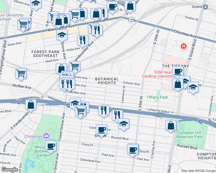 map of restaurants, bars, coffee shops, grocery stores, and more near 4061 Blaine Avenue in St. Louis