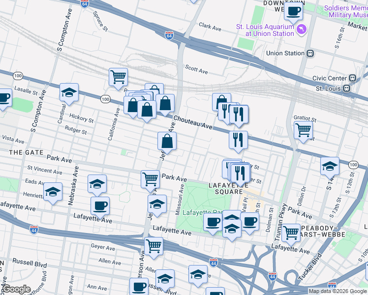 map of restaurants, bars, coffee shops, grocery stores, and more near 2305 Hickory Street in St. Louis