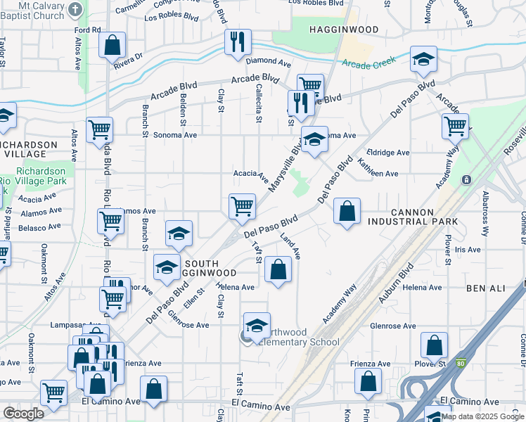 map of restaurants, bars, coffee shops, grocery stores, and more near 2930 Marysville Boulevard in Sacramento