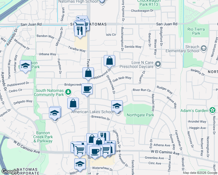 map of restaurants, bars, coffee shops, grocery stores, and more near 47 Morning Dove Circle in Sacramento