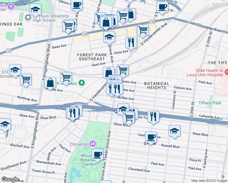 map of restaurants, bars, coffee shops, grocery stores, and more near 1607 Tower Grove Avenue in St. Louis