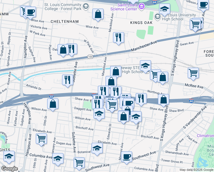 map of restaurants, bars, coffee shops, grocery stores, and more near 1712 Macklind Avenue in St. Louis