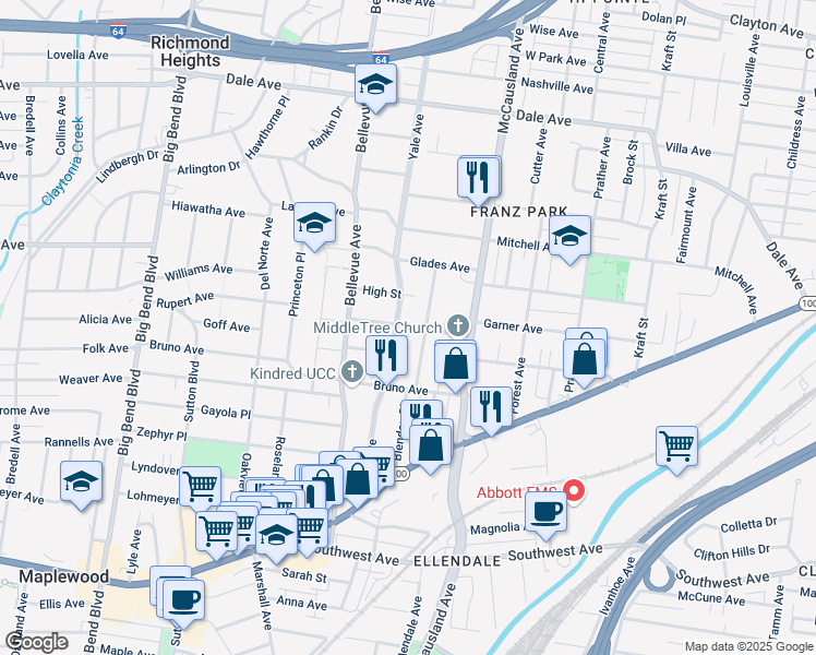 map of restaurants, bars, coffee shops, grocery stores, and more near 2045 Blendon Place in Maplewood