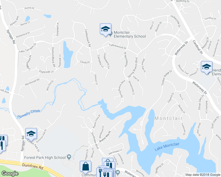 map of restaurants, bars, coffee shops, grocery stores, and more near 15323 Waters Edge Court in Montclair