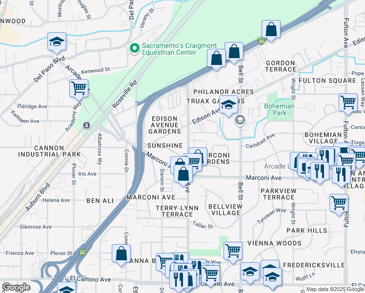 map of restaurants, bars, coffee shops, grocery stores, and more near 2128 Marcus Court in Sacramento