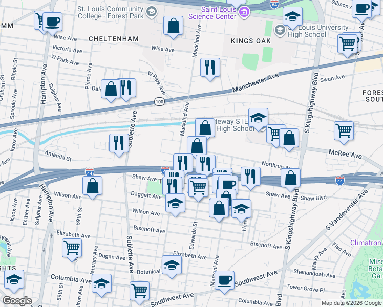 map of restaurants, bars, coffee shops, grocery stores, and more near 1712 Macklind Avenue in St. Louis