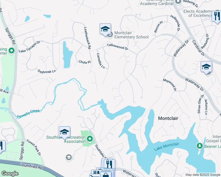 map of restaurants, bars, coffee shops, grocery stores, and more near 15323 Waters Edge Court in Montclair