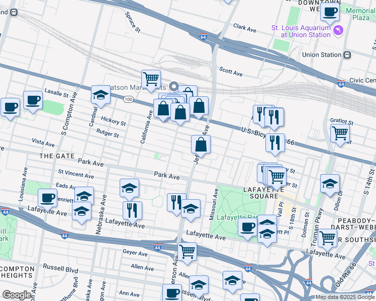 map of restaurants, bars, coffee shops, grocery stores, and more near 2634 Hickory Street in St. Louis