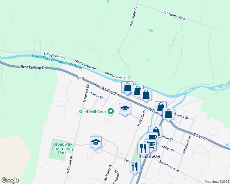 map of restaurants, bars, coffee shops, grocery stores, and more near 289 Brocks Gap Road in Broadway