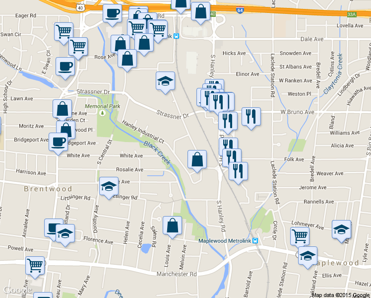 map of restaurants, bars, coffee shops, grocery stores, and more near 425 Hanley Industrial Court in St. Louis