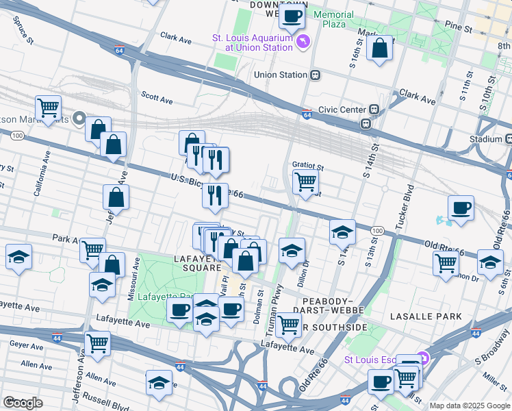 map of restaurants, bars, coffee shops, grocery stores, and more near in St. Louis