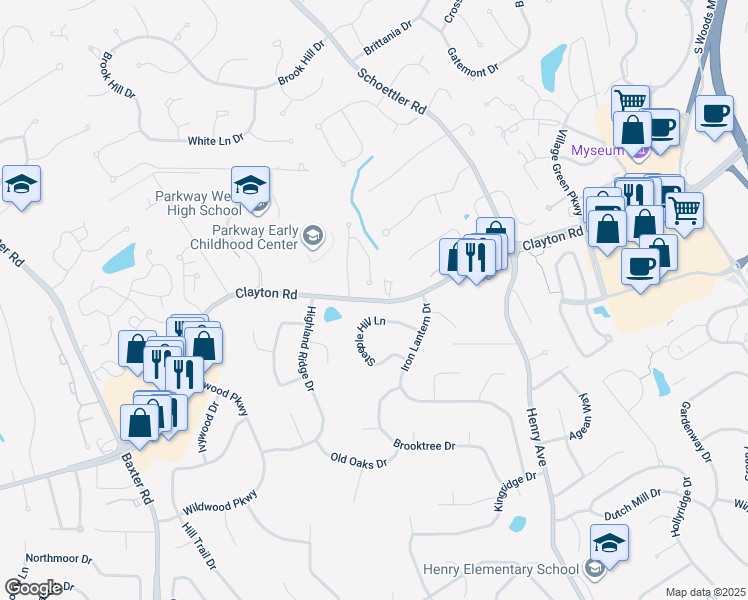 map of restaurants, bars, coffee shops, grocery stores, and more near 14445 Clayton Road in Ballwin