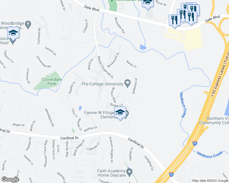 map of restaurants, bars, coffee shops, grocery stores, and more near 15327 Bronco Way in Woodbridge