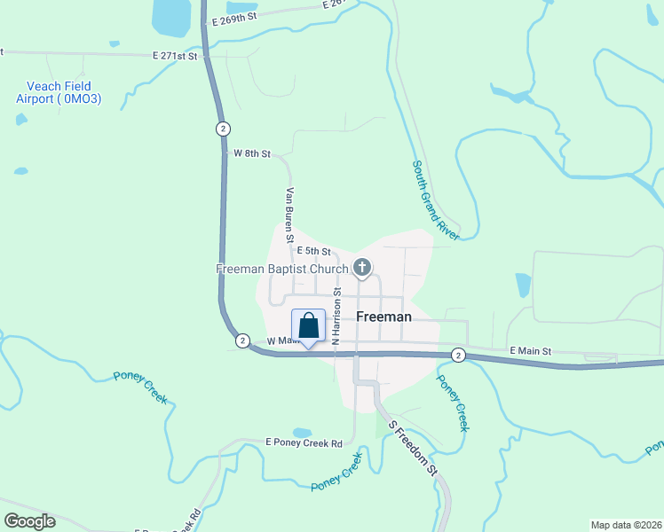 map of restaurants, bars, coffee shops, grocery stores, and more near 402 North Harrison Street in Freeman