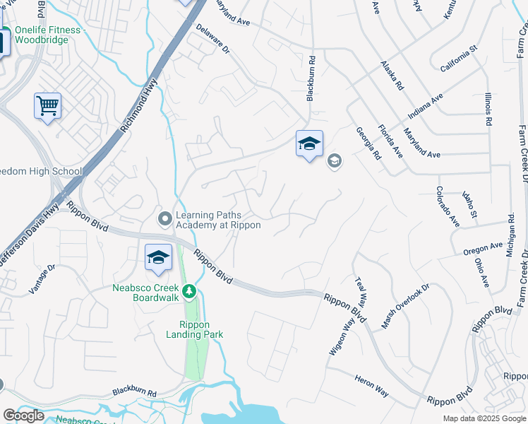 map of restaurants, bars, coffee shops, grocery stores, and more near 15296 Lodge Terrace in Woodbridge