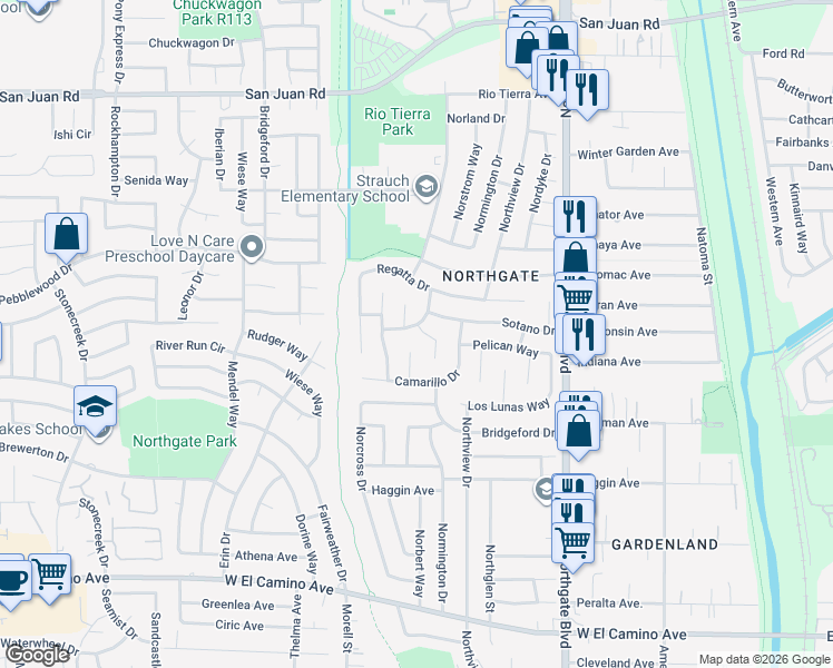 map of restaurants, bars, coffee shops, grocery stores, and more near 1 Dakota Court in Sacramento