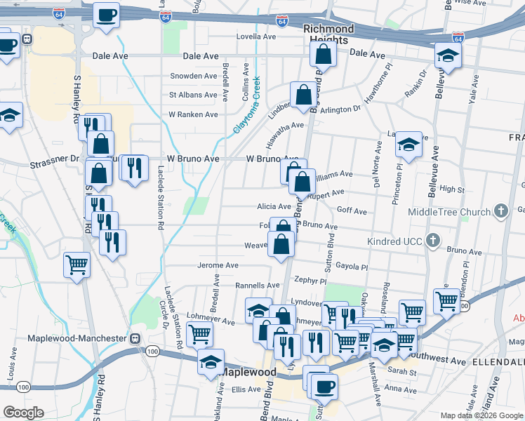 map of restaurants, bars, coffee shops, grocery stores, and more near 7601 Alicia Avenue in Maplewood