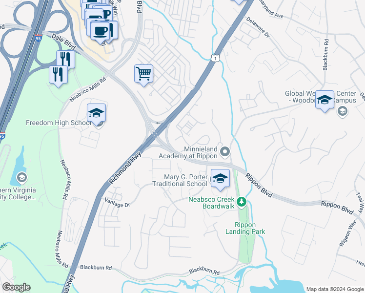 map of restaurants, bars, coffee shops, grocery stores, and more near 2140 Gunsmith Terrace in Woodbridge