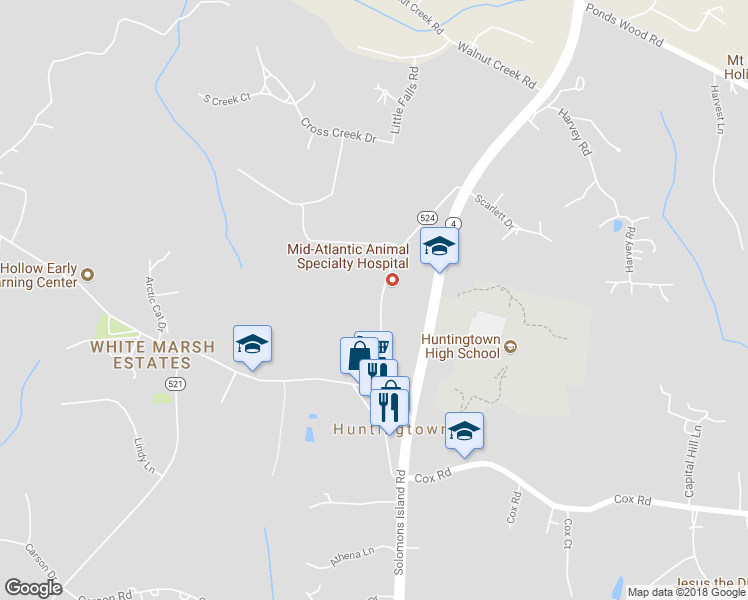 map of restaurants, bars, coffee shops, grocery stores, and more near 4120 Old Town Road in Huntingtown