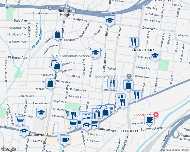 map of restaurants, bars, coffee shops, grocery stores, and more near 2108 Princeton Place in Richmond Heights