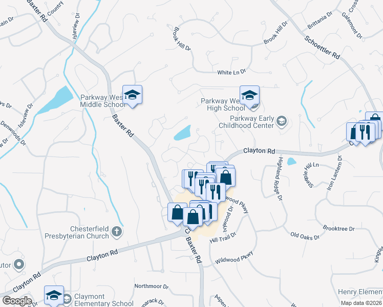 map of restaurants, bars, coffee shops, grocery stores, and more near 2416 Claymoor Drive in Chesterfield