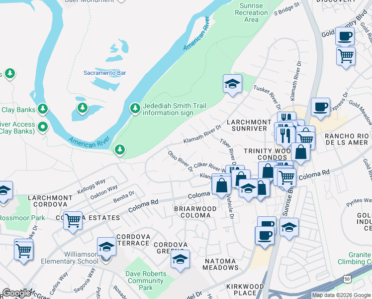 map of restaurants, bars, coffee shops, grocery stores, and more near 1768 Klamath River Drive in Rancho Cordova