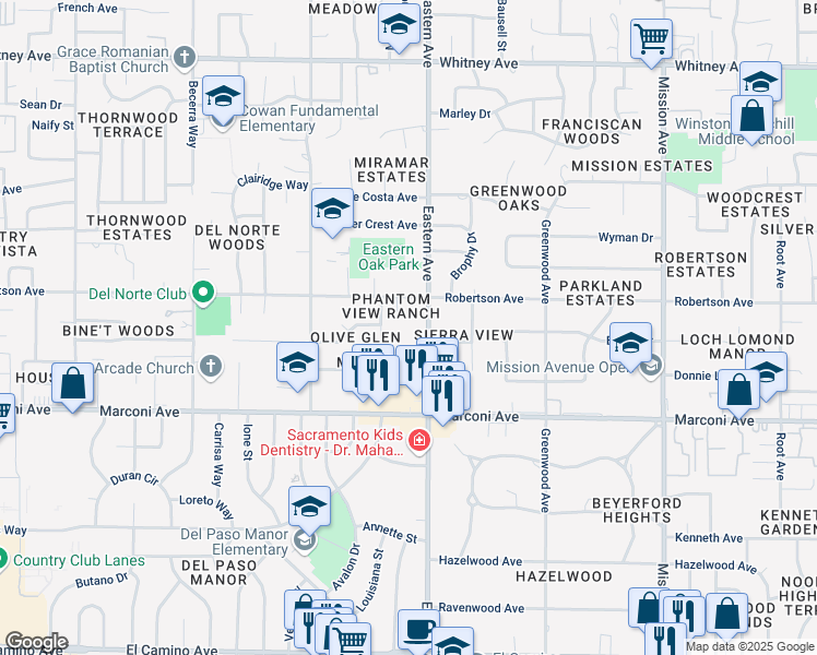 map of restaurants, bars, coffee shops, grocery stores, and more near 3065 Eastern Avenue in Sacramento