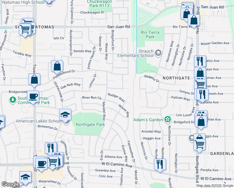 map of restaurants, bars, coffee shops, grocery stores, and more near 1152 Socorro Way in Sacramento