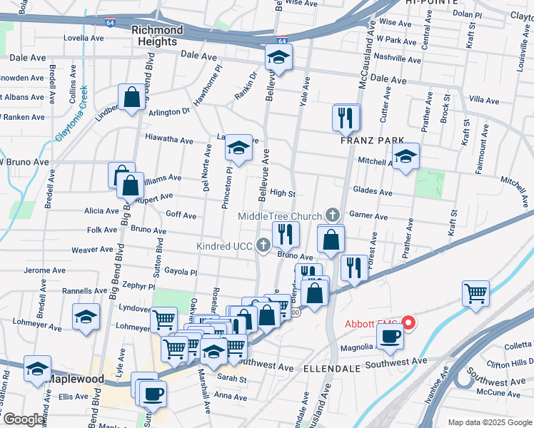 map of restaurants, bars, coffee shops, grocery stores, and more near 2035 Bellevue Avenue in Maplewood