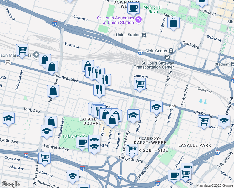 map of restaurants, bars, coffee shops, grocery stores, and more near 1808 Chouteau Avenue in St. Louis