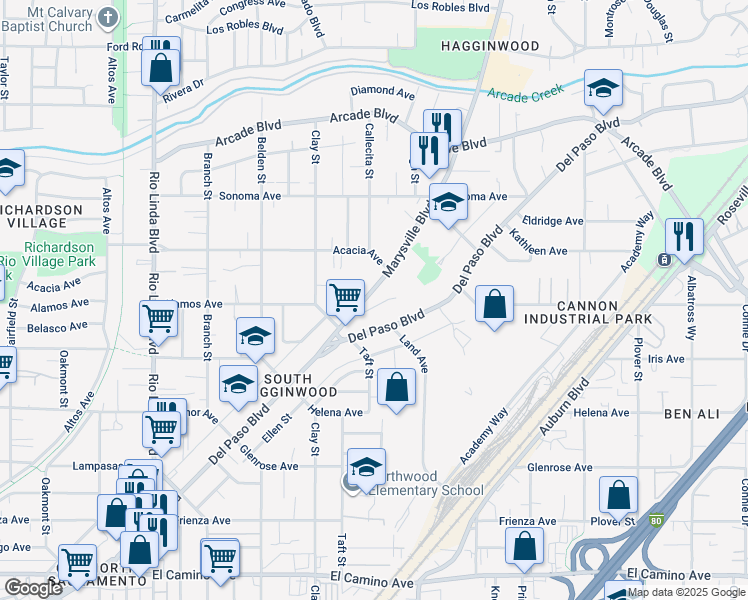 map of restaurants, bars, coffee shops, grocery stores, and more near 2930 Marysville Boulevard in Sacramento
