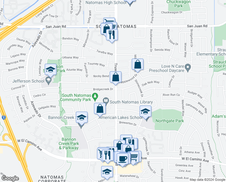 map of restaurants, bars, coffee shops, grocery stores, and more near 1606 Bridgecreek Drive in Sacramento