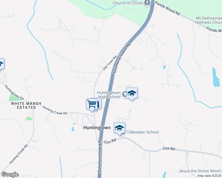 map of restaurants, bars, coffee shops, grocery stores, and more near 4355 Solomons Island Road in Huntingtown