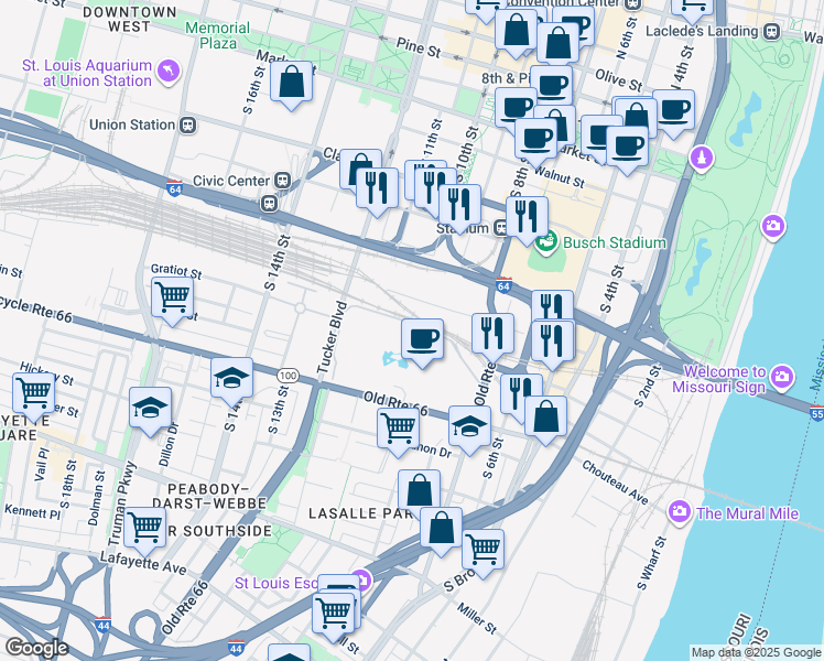map of restaurants, bars, coffee shops, grocery stores, and more near Danforth Drive in Saint Louis