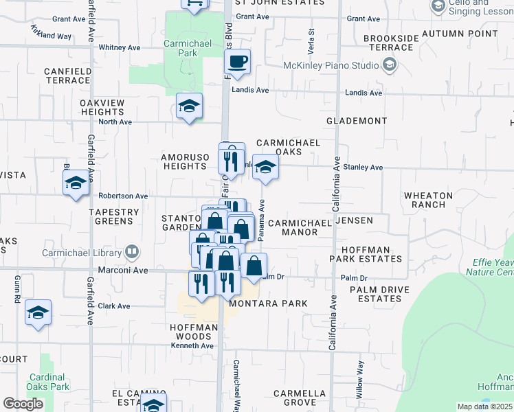 map of restaurants, bars, coffee shops, grocery stores, and more near 3101 Panama Avenue in Carmichael