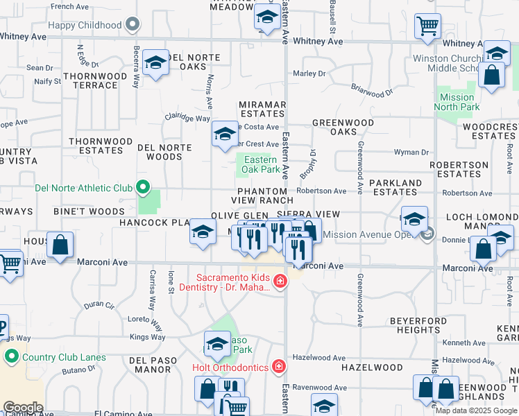 map of restaurants, bars, coffee shops, grocery stores, and more near 3018 Olive Glen Court in Sacramento