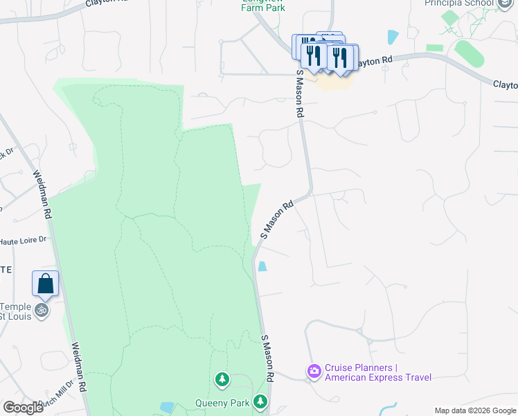 map of restaurants, bars, coffee shops, grocery stores, and more near 1359 South Mason Road in St. Louis