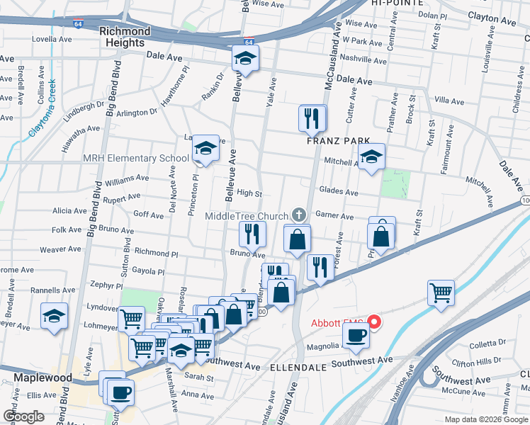 map of restaurants, bars, coffee shops, grocery stores, and more near 2050 Yale Avenue in Maplewood