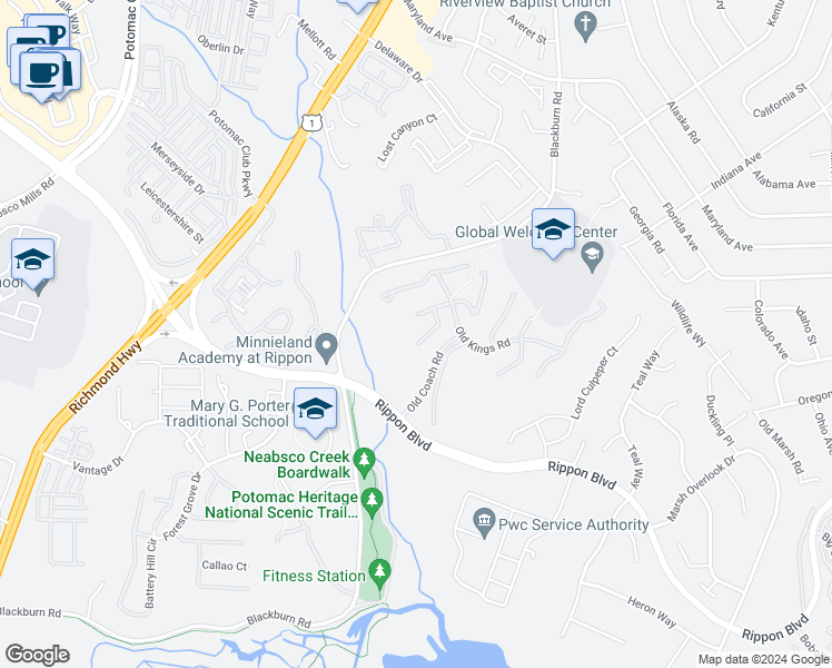map of restaurants, bars, coffee shops, grocery stores, and more near 15270 Waterwheel Terrace in Woodbridge