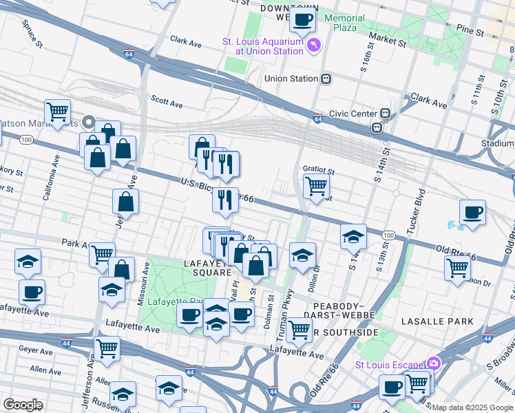 map of restaurants, bars, coffee shops, grocery stores, and more near 1906 Chouteau Avenue in St. Louis