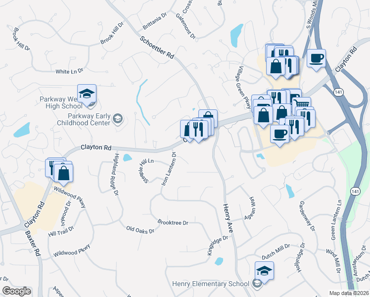 map of restaurants, bars, coffee shops, grocery stores, and more near 14476 Clayton Road in Ballwin