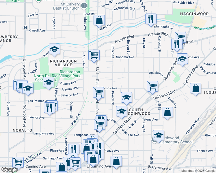 map of restaurants, bars, coffee shops, grocery stores, and more near 969 Alamos Avenue in Sacramento
