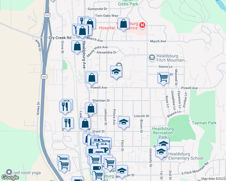 map of restaurants, bars, coffee shops, grocery stores, and more near 829 Prince Avenue in Healdsburg