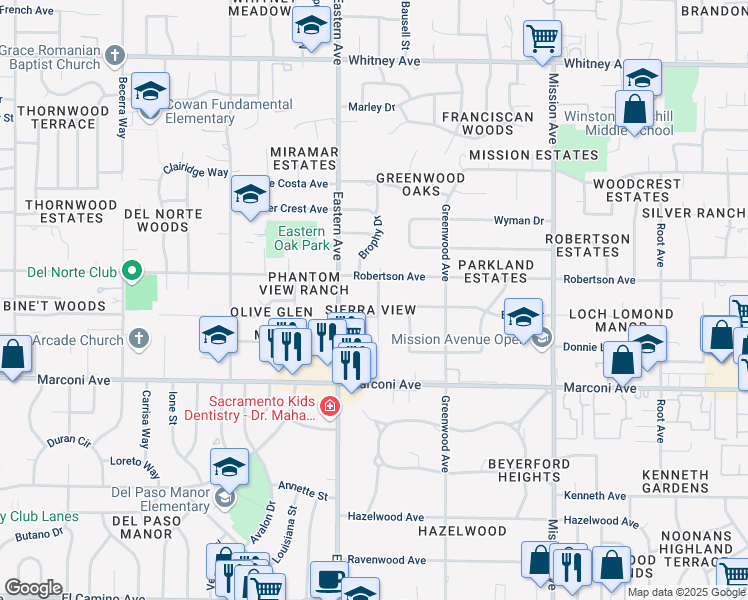 map of restaurants, bars, coffee shops, grocery stores, and more near 3007 Sandhurst Court in Sacramento