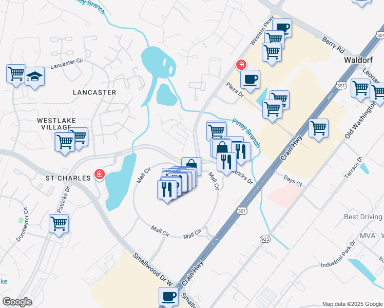 map of restaurants, bars, coffee shops, grocery stores, and more near 117 Saint Patricks Drive in Waldorf