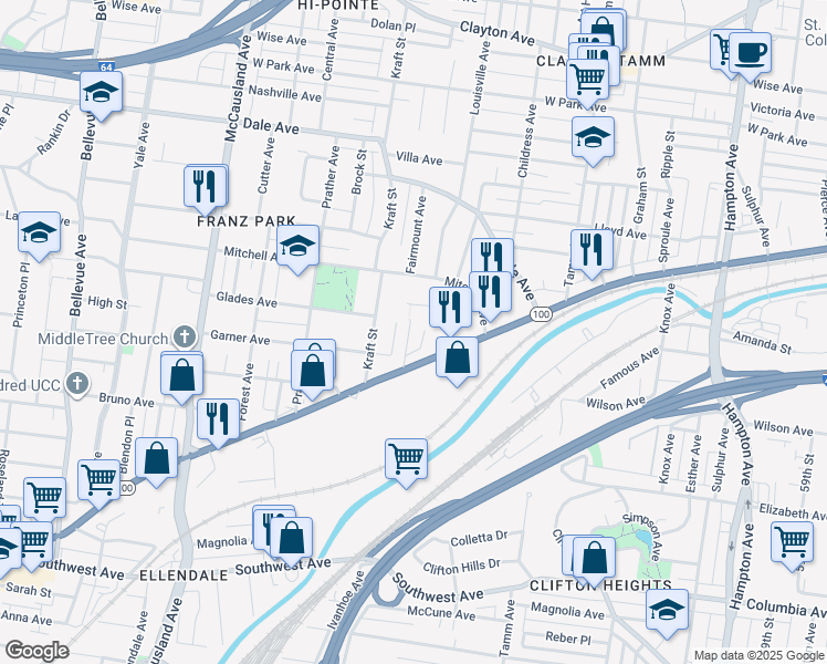 map of restaurants, bars, coffee shops, grocery stores, and more near 2010 Schaeffer Place in St. Louis
