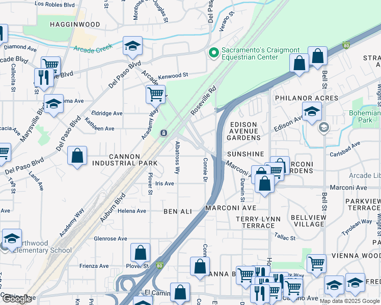 map of restaurants, bars, coffee shops, grocery stores, and more near 1923 Juliesse Avenue in Sacramento